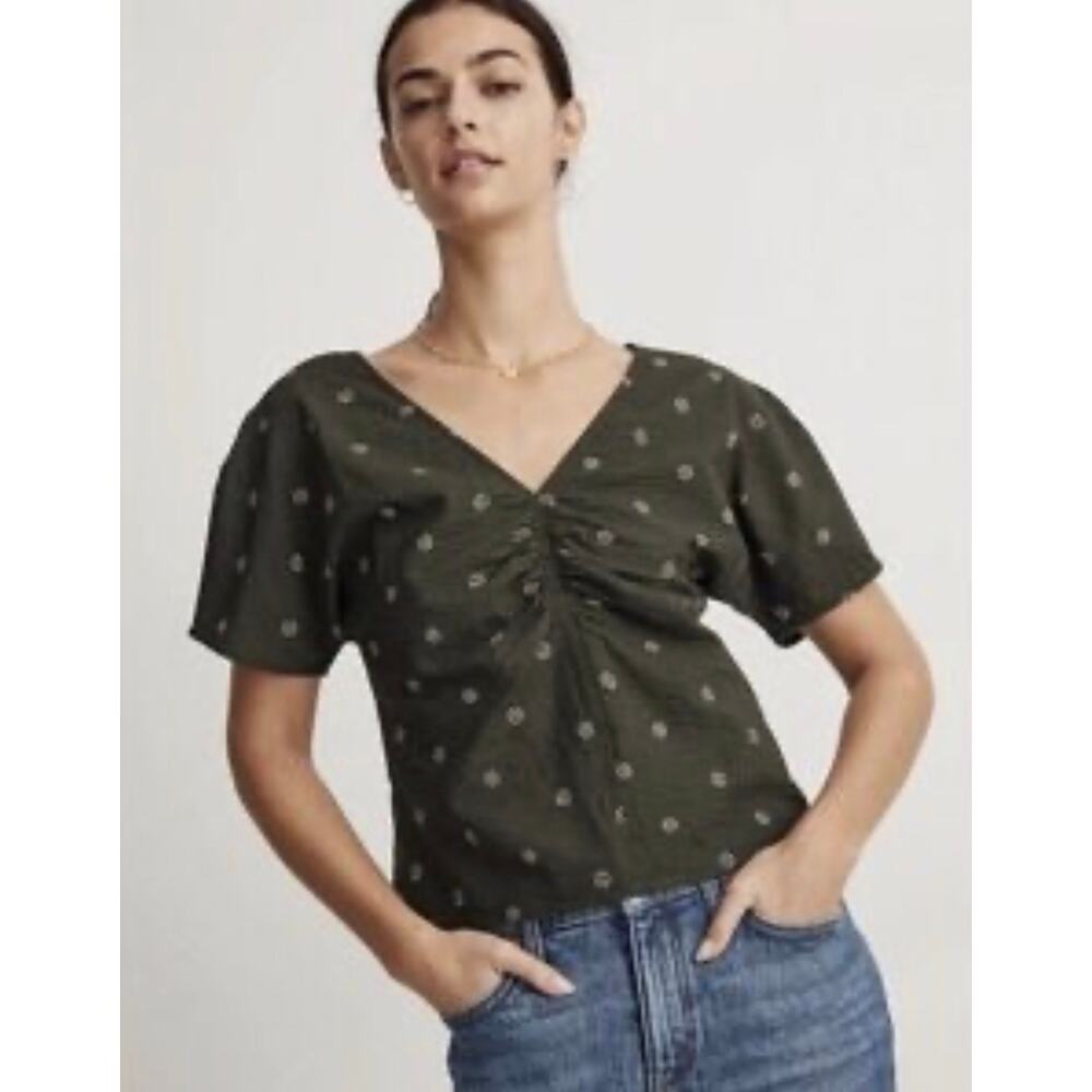 NEW Madewell 2 Voile Puff-Sleeve Top Forest Green Floral babydoll Cropped Top